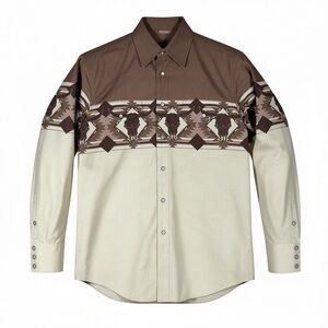 VTG Panhandle Brown Cream Steer Head Skull Print Snap Front Shirt Western Rodeo